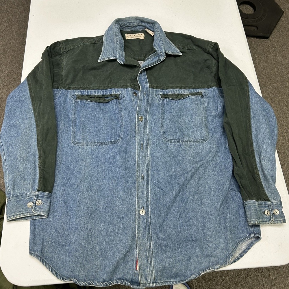 Arizona Button Down Shirt Mens L Blue Green Denim Canvas Two-Tone Long Sleeve